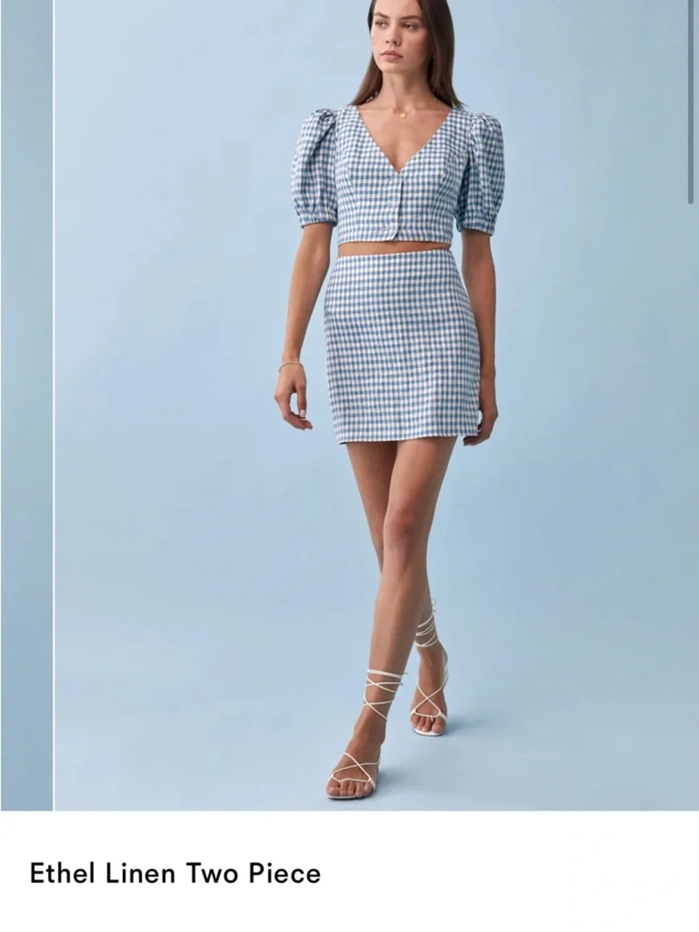 Reformation Ethel Two Piece Set Blue Gingham Mini Skirt Puff sleeve crop top 12